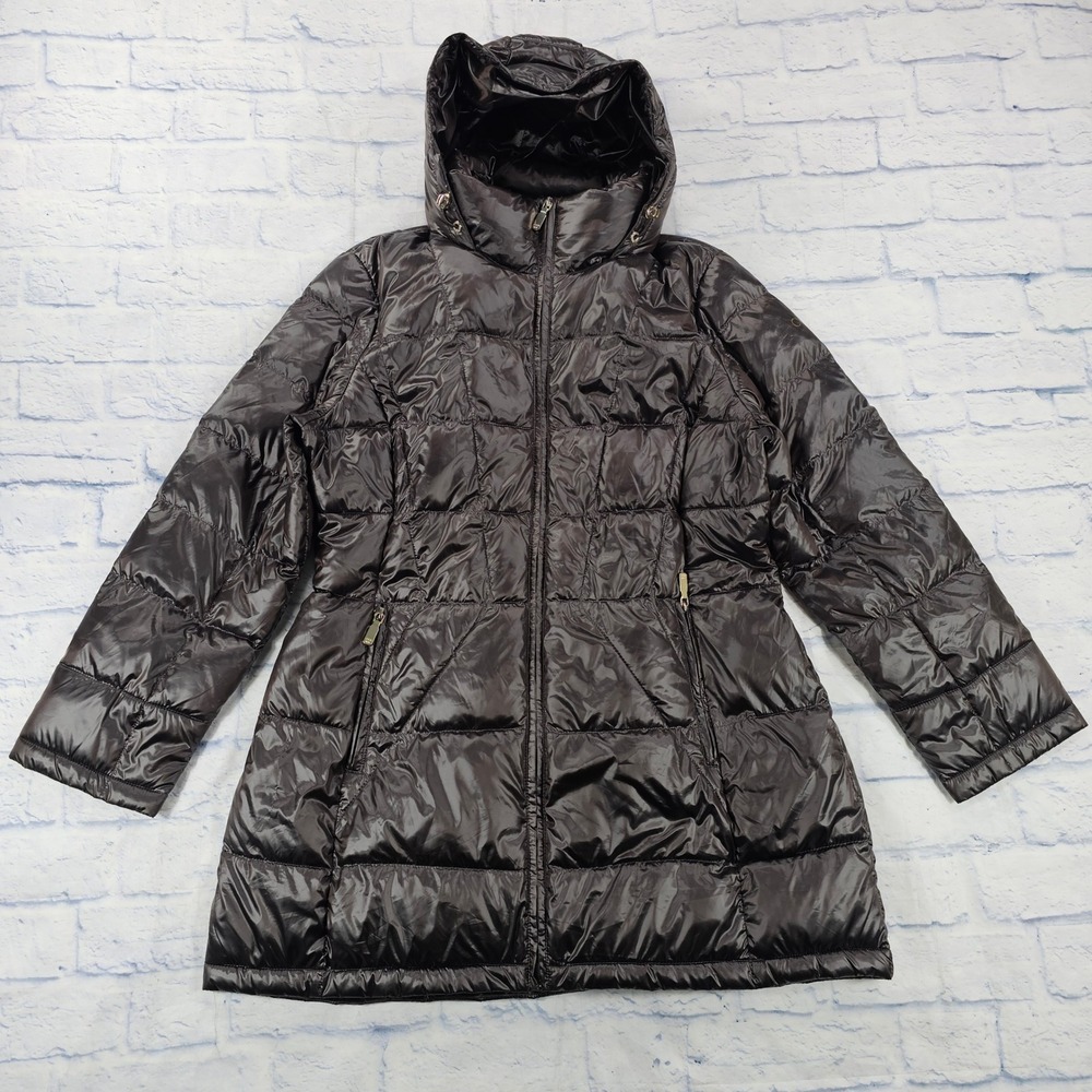 Calvin Klein Down Puffer Coat Womens XXL Brown Quilted Hooded Cinch Waist Jacket